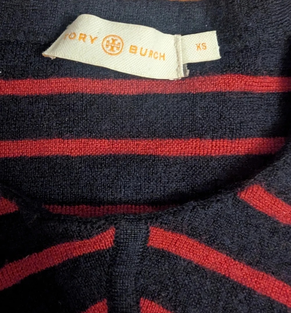Tory Burch Navy Blue & Red Stripe 100%  Merino Wool Sweater Women's XS